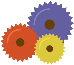 Trois engrenages de couleurs